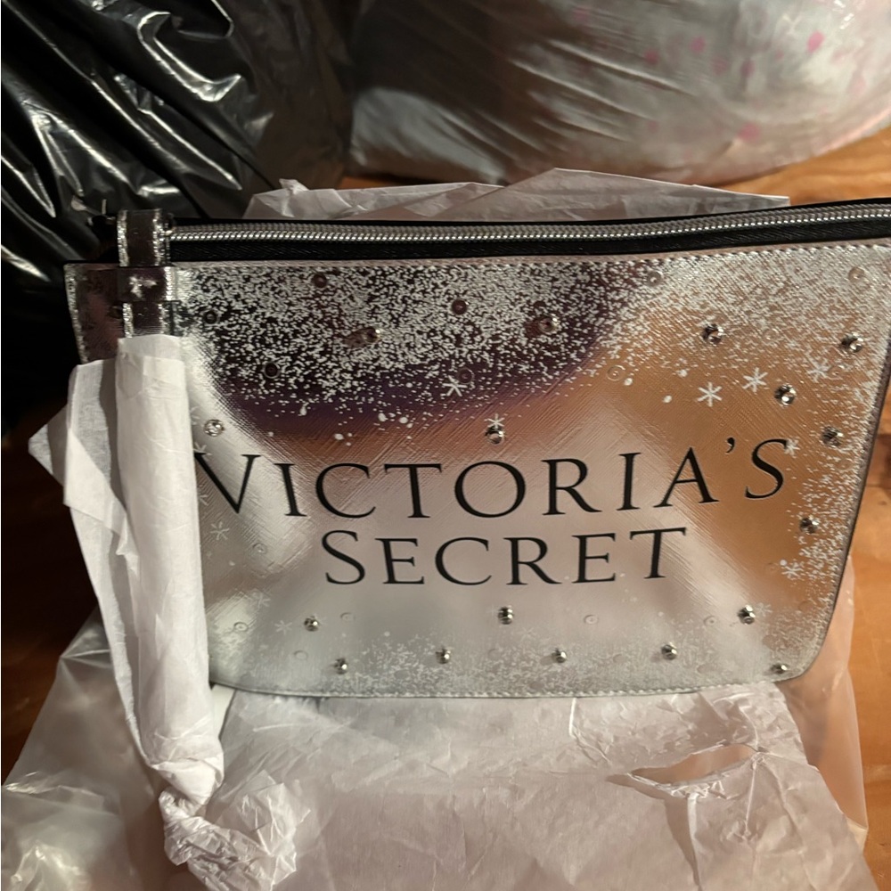 Victoria's Secret Silver Metallic Cosmetic Pouch with Stud Accents